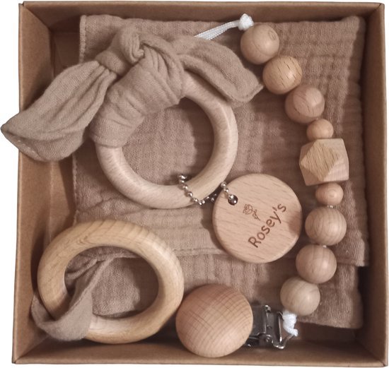 Rosey´s - baby giftset Taupe - bijtring - speenkoord - knuffeldoekje - kraamcadeau - babyshower baby speelgoed 0 jaar - babyshower - Geschenkset Baby - Kraamcadeau Meisje - Kraamcadeau Jongen - Geboorte Cadeau - Baby Geschenkset - Kraampakket van Rosey´s