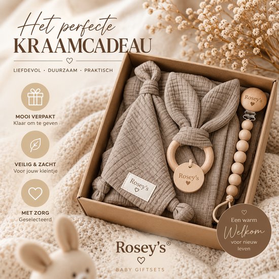 Rosey’s® Baby Giftset Taupe – Kraamcadeau Unisex – Bijtring, Speenkoord & Knuffeldoekje – Baby Cadeau Set 0 Jaar – Babyshower / Geboorte Geschenk