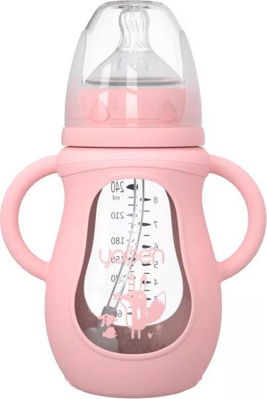 Roze Babyfles, pink  baby bottle, Baby voeding, Baby glas fles, baby, baby flessen, Anti-colic glas flesje, baby bottle 240ml anti valt, zuigfles. van Merkloos