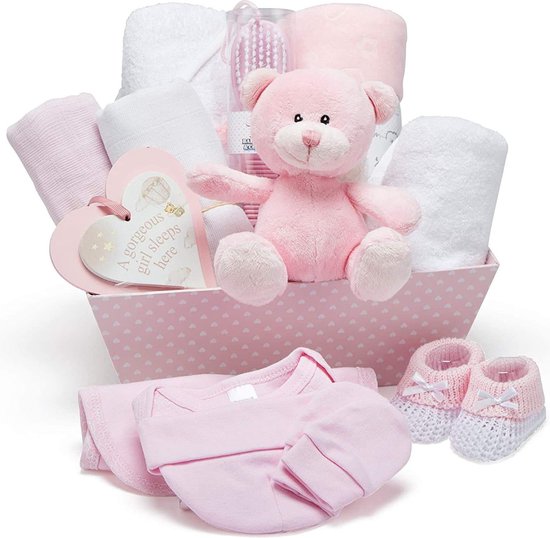 Roze cadeaumand voor babyshower - met fleece, handdoek met capuchon, babykleertjes, 2 mousseline doeken en een schattige teddybeer van Kadobius