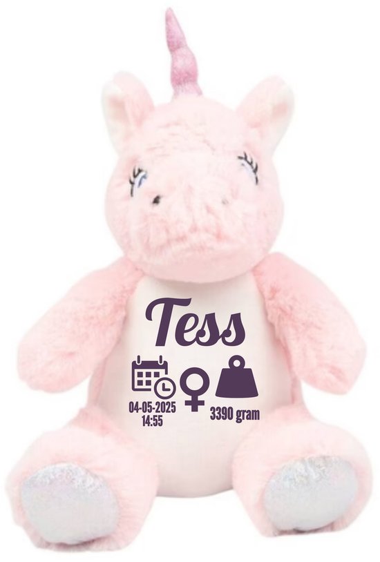 Roze Eenhoorn geboorte knuffel gepersonaliseerd - Met naam - geboortedatum en tijd - gewicht baby - kraamcadeau