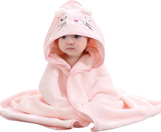 Roze Kat - Badcape - Baby Handdoek - Zachte Poncho - Badhanddoek - Met Capuchon - Badponcho - Dieren - Baby fleecedeken - Baby en Peuters - 0-3 jaar - Babydeken - Babycape - Wikkeldeken - Kraamcadeau - Handdoek - Kleuter - Multifunctionele van Merkloos