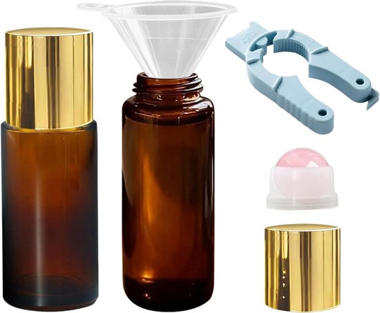 Roze Kwarts Roller Ball Flessen voor Essentiële Oliën, 2-pack 50ml Lege Navulbare Amberkleurige Glazen Roll-on Flessen met Kristal Rollerball voor Castor Olie, Uitgerust met een Trechter en Bal