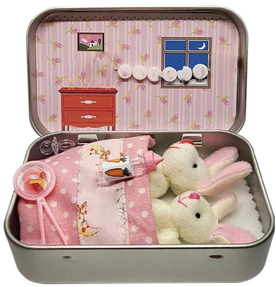 Roze mini konijn pluche speelgoed in blikken doos - rustgevend knuffeldier voor kinderen, paascadeau & doe-het-zelf huisdier adoptieset van Merkloos