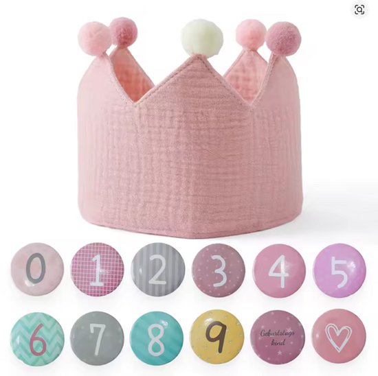 Roze Verjaardagskroon Kind – Stoffen Kroon met Cijfers 0 t/m 9 – Herbruikbare Birthday Crown voor Meisjes – Inclusief Verjaardagsbadges