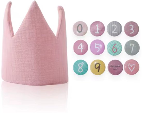 Roze Verjaardagskroon Kind – Stoffen Kroon met Cijfers 0 t/m 9 – Herbruikbare Birthday Crown voor Meisjes – Inclusief Verjaardagsbadges