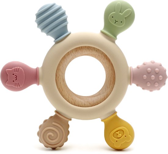 RubyC Bijtring Khaki Baby Bijtspeelgoed - Siliconen met Houten Ring - Tandjes Kalmeren van Tandvlees - Kraamcadeau - Teether van Ruby