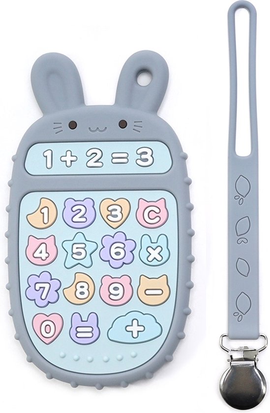RubyC Bijtspeeltje Rekenmachine met Koord Grijs Bijtring - Baby - Peuter - Kind - Cadeau - Sinterklaas - BPA vrij van Ruby