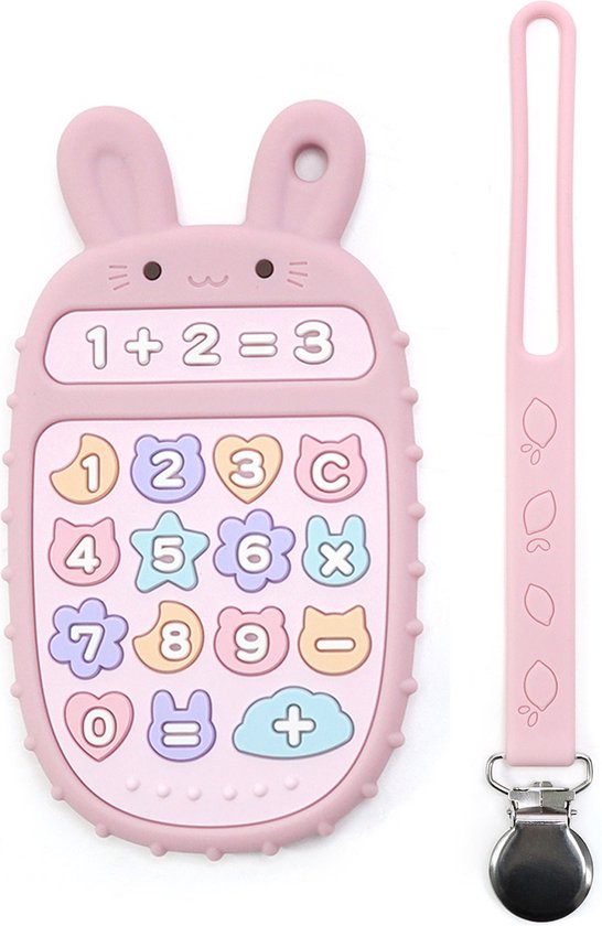 RubyC Bijtspeeltje Rekenmachine met Koord Roze Bijtring - Baby - Peuter - Kind - Cadeau - Sinterklaas - BPA vrij van Ruby