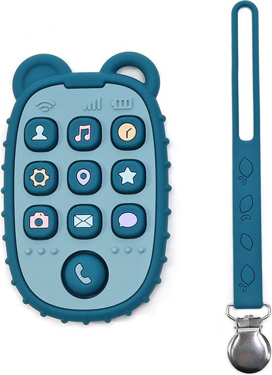 RubyC Bijtspeeltje Telefoon met Koord Blauw Bijtring Pop It - Baby - Peuter - Kind - Cadeau - Sinterklaas - BPA vrij van Ruby