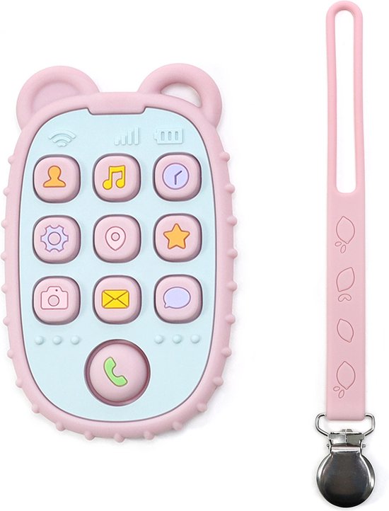 RubyC Bijtspeeltje Telefoon met Koord Roze Bijtring Pop It - Baby - Peuter - Kind - Cadeau - Sinterklaas - BPA vrij van Ruby
