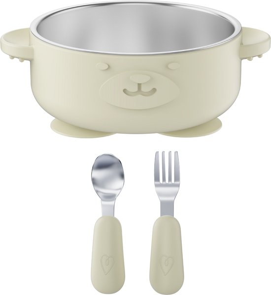 RVS Baby Bord met zuignap + Baby Bestek - 100% BPA-vrij Kinderservies - Kommetje met Lepel en Vork - Beige Baby Servies - Broemba® van Merkloos
