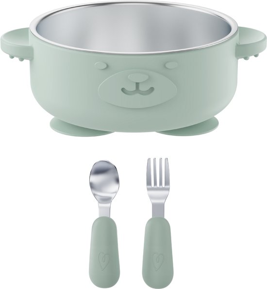 RVS Baby Bord met zuignap + Baby Bestek - 100% BPA-vrij Kinderservies - Kommetje met Lepel en Vork - Groen Baby Servies - Broemba® van Merkloos