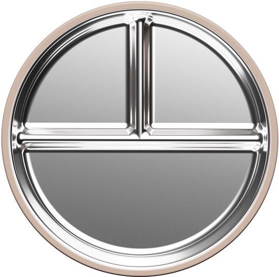 RVS Baby Bord - Roestvrijstalen Kinderbord met Siliconen Zuignap - Beige - Verdeelbord met 3 Vakjes - Antislip Bord voor Baby’s en Peuters - BPA-vrij - Vaatwasser- en Magnetronbestendig - 21x21 cm van Merkloos