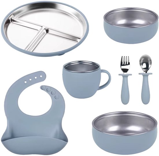 RVS Baby Servies Set - 7-delig Kinderservies met Blauwe Siliconen Zuignap - Roestvrijstalen Bord, Beker, 2 Kommen, Slab & Bestek - BPA-Vrij, Antislip, Vaatwasserbestendig & Hittebestendig - Duurzaam Eetset voor Baby’s en Peuters van Merkloos