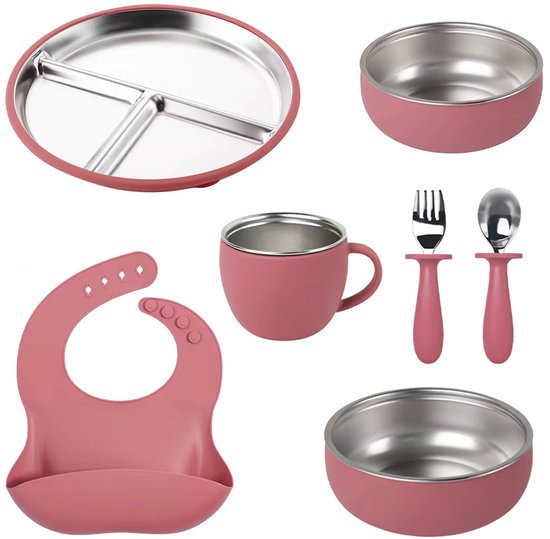 RVS Baby Servies Set - 7-delig Kinderservies met Rode Siliconen Zuignap - Roestvrijstalen Bord, Beker, 2 Kommen, Slab & Bestek - BPA-Vrij, Antislip, Vaatwasserbestendig & Hittebestendig - Duurzaam Eetset voor Baby’s en Peuters van Kleine Held.