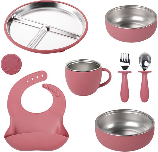 RVS Baby Servies Set - 7-delig Kinderservies met Roze Siliconen Zuignap - Roestvrijstalen Bord, Beker, 2 Kommen, Slab & Bestek - BPA-Vrij, Antislip, Vaatwasserbestendig & Hittebestendig - Duurzaam Eetset voor Baby’s en Peuters