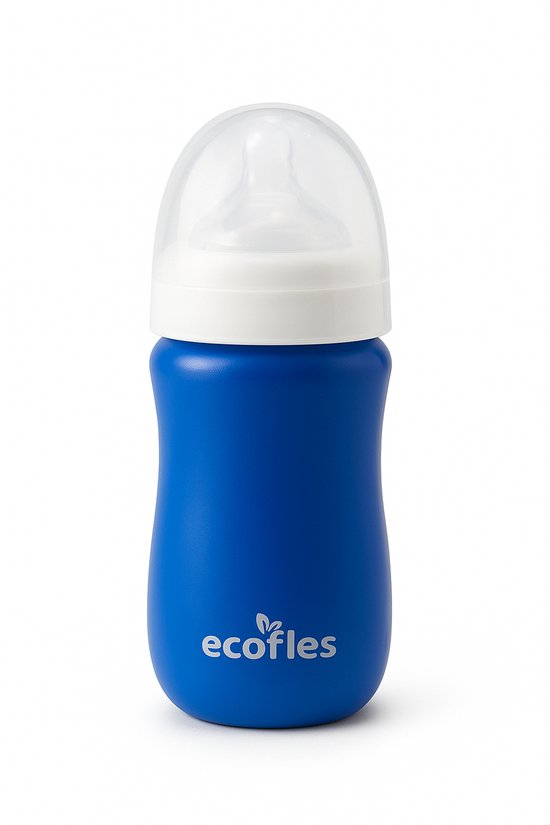 RVS babyfles met siliconen speen in de kleur blauw