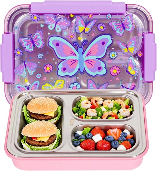 RVS Bento Lunchtrommel met 3 Compartimenten voor Kinderen - Lekvrij en BPA-vrij van rvs