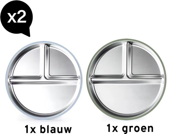 RVS Bord Baby Blauw en Groen - 2 Stuks - Roestvrijstalen Kinderbord 2-pack - Met Siliconen Zuignap - Vaatwasserbestendig, magnetronbestendig & BPA-Vrij - Verdeelbord met 3 Vakjes - Kinderservies 21x21 cm - Antislip Bord voor Baby's en Peuters