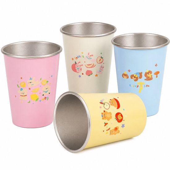RVS Kinderbekers 4-delige Set - Onbreekbare Drinkbekers van Roestvrij Staal van400 ml - Kindervriendelijke RVS Beker met Vrolijke Print & Antislipbodem - Duurzame Bekers voor Jongens en Meisjes - School & Thuis