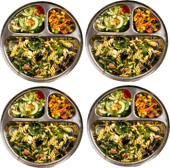 RVS Kinderbord met vakjes - Set van 4 - Vakjesbord - Bento Bord - rond - BPA vrij - Talli van Merkloos