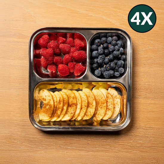 RVS Kinderbord met vakjes - Set van 4 - Vakjesbord - Bento Bord - Vierkant - BPA vrij - Talli van Talli