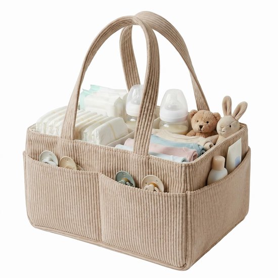 Ryoudavell - Luiermand Organizer - Commode Organizer Grote Opbergmand Baby - Baby Caddy voor Pampers en Verzorgingsproducten - Opbouwbare Corduroy Baby Mand - Kraamcadeau en Baby Shower Cadeau - Babykamer Decoratie - Beige