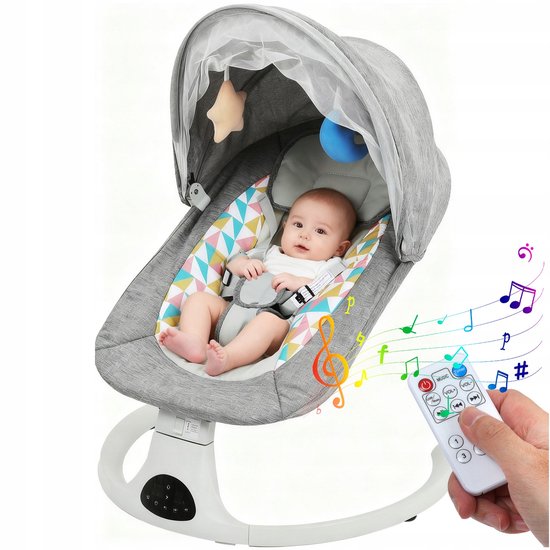 S0008-Slimme Baby Wieg - Elektrische Schommelstoel met Afstandsbediening, 5 Snelheden, Bluetooth - Grijs
