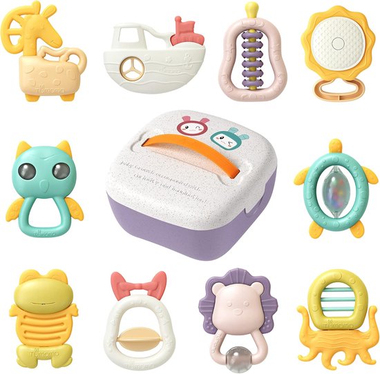 Sander Shop Baby Pasgeboren Rammelaars Zintuiglijk Speelgoed Schudden en Pak Rammelaar Speelgoed Vroeg Onderwijs met Opbergdoos Baby Vakantie Kerstcadeaus voor 0-12 Maanden (10 Pack)