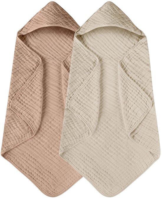 Sander Shop Babyhanddoeken met capuchon voor pasgeborenen, verpakking van 2. 100% mousseline, biologisch katoen, babybadhanddoek met capuchon voor baby's, peuters en kinderen, groot 32x32 inch, zacht en absorberend voor pasgeborenen.beige en koffie