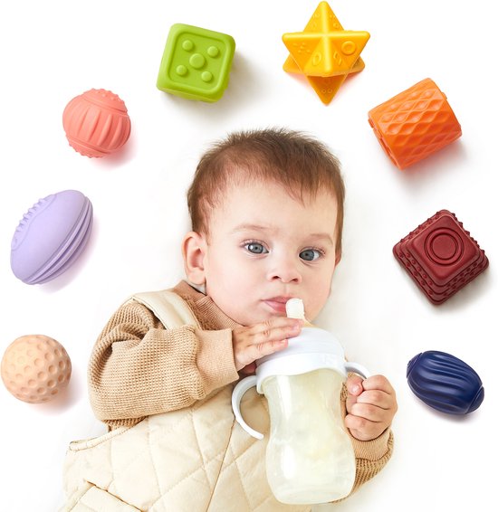 Sander Shop Babyspeelgoed 0-6 maanden sensorische ballen blokken stapelen, educatief zacht knijpspeelgoed, kinderziektes kauwspeelgoed babybadspeelgoed peuters motoriek 0-3 jaar (8 stuks)