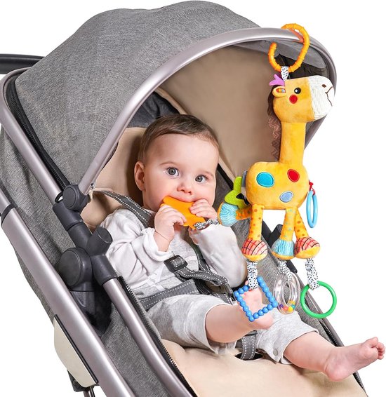 Sander Shop Giraffe Opknoping Rammelaar Speelgoed,Baby Kinderwagen Speelgoed met windklokkenspel,Kinderwagen Autostoel Wieg Pluche Dieren Activiteitenspeelgoed Cadeau voor Pasgeborene 0,3,6,9,12,36 Maand-Geel