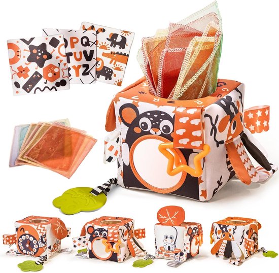 Sander Shop Montessori speelgoed doekjesbox baby 0-3-6 maanden, zijden doekjes baby sensorisch speelgoed met doekjes, spiegel, bijtring, vroeg leerspeelgoed voor kinderen babycadeau