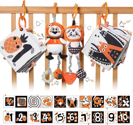 Sander Shop Pluche Dier Opknoping Rammelaar Speelgoed,Zwart-wit Kinderwagen Speelgoed Zachte Stoffen Boeken met Getal,Meetkunde,Pasgeboren Verjaardagscadeaus voor 0,3,6,9,12 Maanden en up(4 Pack) van Merkloos