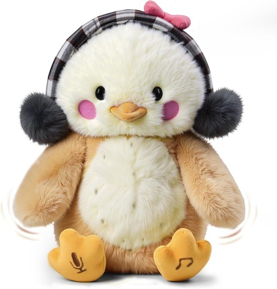 Sander Shop Pratende zingende knuffel kuiken speelgoed kinderen, interactief pluche dier met 6 liedjes en beweegbare vleugels, herhalen hug me, Kiss me sprekend speelgoed vanaf 3 4 5