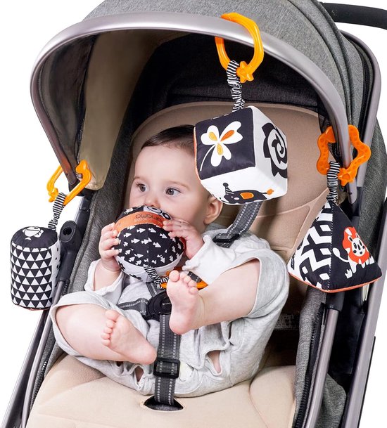 Sander Shop Set met hoge contrastvormen, babyspeelgoed, zwart-wit kinderwagen, speelgoed voor autostoeltje, baby, pluche rammelaars, ringen, hangend speelgoed voor 0, 3, 6, 9 tot 12 maanden, pasgeborenen