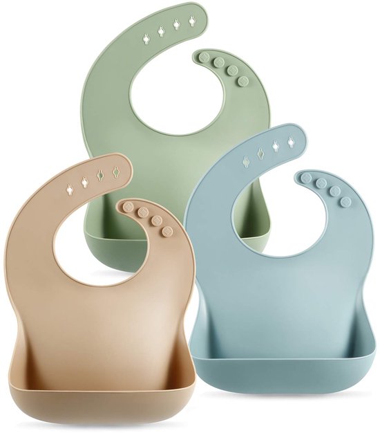 Sander Shop Set van 3 siliconen babyslabbetjes, waterdicht, zacht, unisex, 10-72 maanden (bruin/blauw/groen) Bruin/blauw/groen van Sander Shop