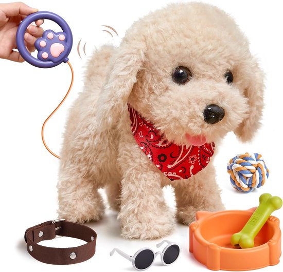 Sander Shop Speelgoedhond, wandelende hond, voor kinderen, elektronische wandelende hond, huisdier, lopen en blaffen, aan een lijn, interactief pluche huisdier, puppy, met afstandsbediening en riem van Merkloos