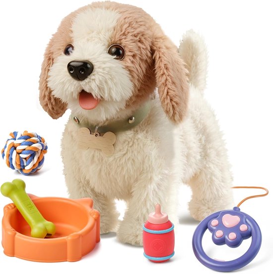 Sander Shop Wandelen Hondenspeelgoed voor Kinderen, Lopen en blaffen aan de lijn, Realistisch Interactief Speelgoed Hond Pluche Elektronisch Huisdier Puppy voor Kinderen 3 4 5 6 7+ Jaar Oud Meisjes Jong van Merkloos