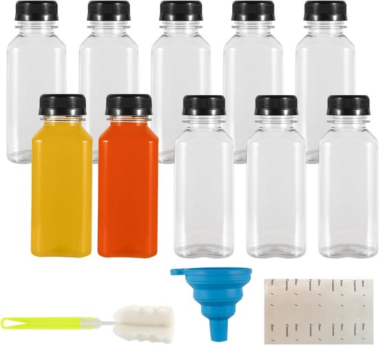 Sapflesjes 250ml met Doppen Set van 10 - Lekvrij & Luchtdicht - Herbruikbare PET Drinkflessen - Inclusief Trechter & Reinigingsborstel - Smoothie Flesjes, Sapflessen, Kleine Drinkflessen voor Onderweg & Koelkast