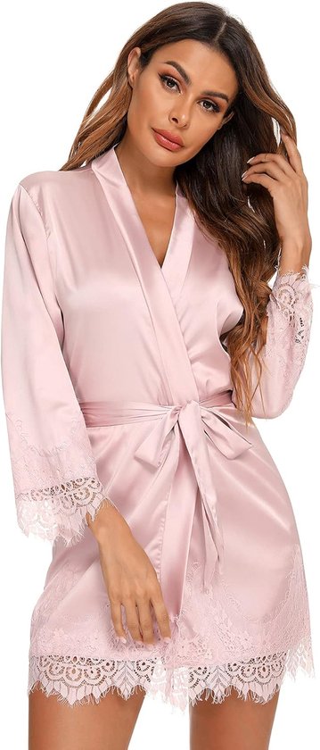 Satijnen damesbadjas met kanten afwerking, kimono-badjas, zijden ochtendjas voor bruid en bruidsmeisjes