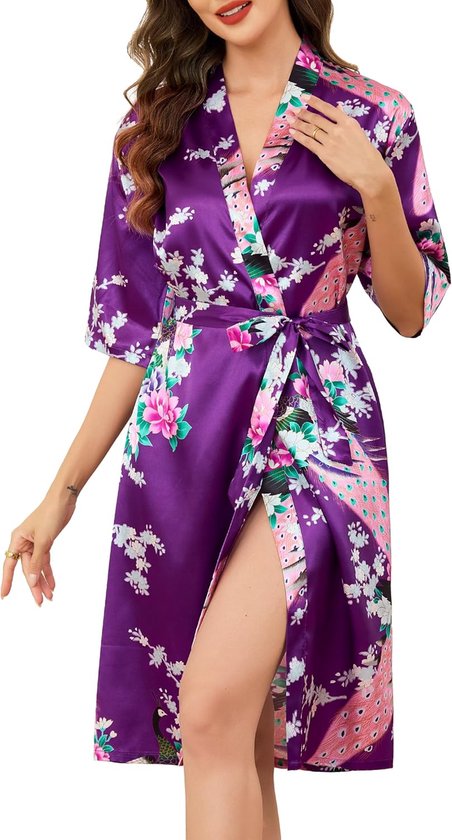 Satijnen ochtendjas voor dames, lange zijden kimono-gewaden met pauw en bloesems, bruidsgewaad voor bruiloft, feest, S-XXL