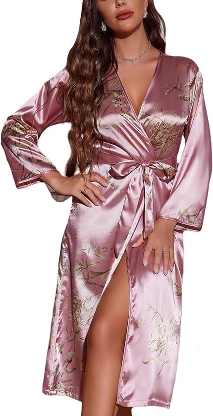 Satijnen ochtendjas voor dames, zachte zijden badjassen, nachtjapon, ochtendjassen voor vrouwen, lange zijden nachtkleding, nachtkleding met V-hals