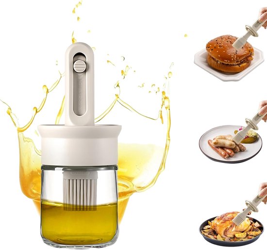 Saus en olie fles met verstelbare siliconen borstel voor het koken BBQ keuken - gescheiden olie en borstel，wit