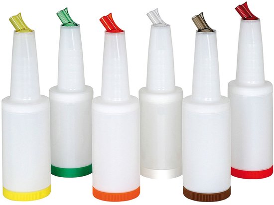 Save Pour Systeem - Plastic bar flessen, fles safe & pour - 1 liter, Kleuren groen. rood. oranje. geel. bruin: bruin