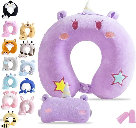 Schattig Geheugenschuim U-Vormige Halskussen Met Slaapmasker - Dieren Zacht Speelgoed Pluche Hoofdsteun Nek Ondersteuning voor Reizen - Gift (paarse eenhoorn) van Keaideshangmao