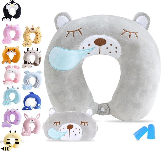 Schattig Geheugenschuim U-Vormige Kinderen Reiskussen Met Slaapmasker - Dieren Zacht Speelgoed - Pluche Hoofdsteun Nek Ondersteuning voor Vliegtuig Auto Reis Bus Gift (beer) van Kaui博士