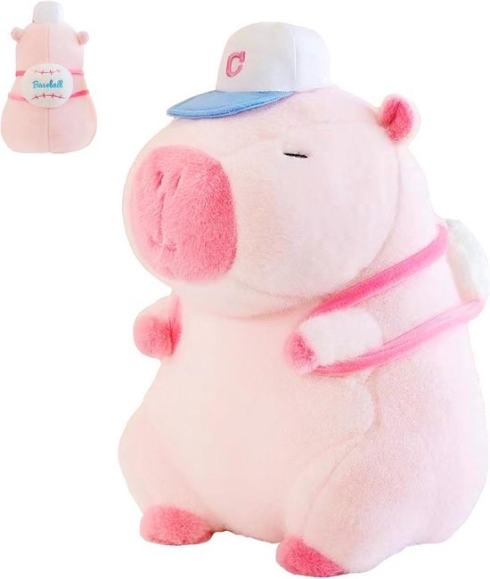 Schattig Roze Capybara Pluche Dier met Sportmutsen en Rugzakken - Perfect Cadeau voor Kinderen