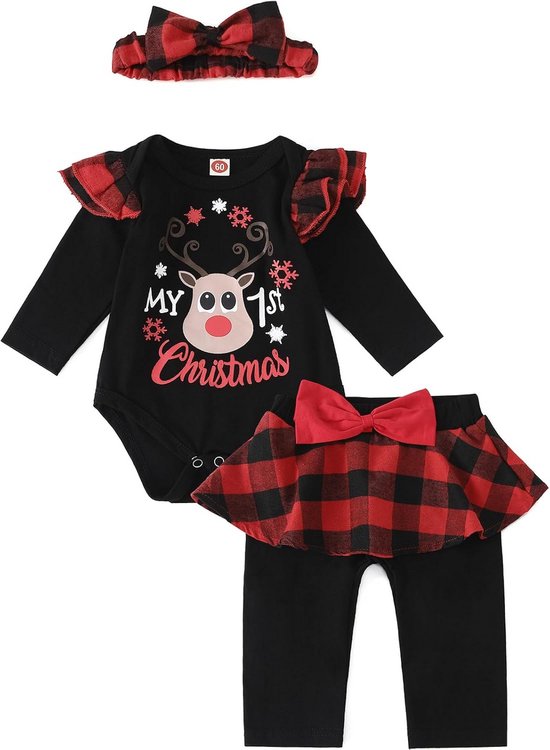 Schattige 3-delige Kerstoutfit voor Babymeisjes: Romper, Broek en Haarband (0-18 Maanden) van Merkloos